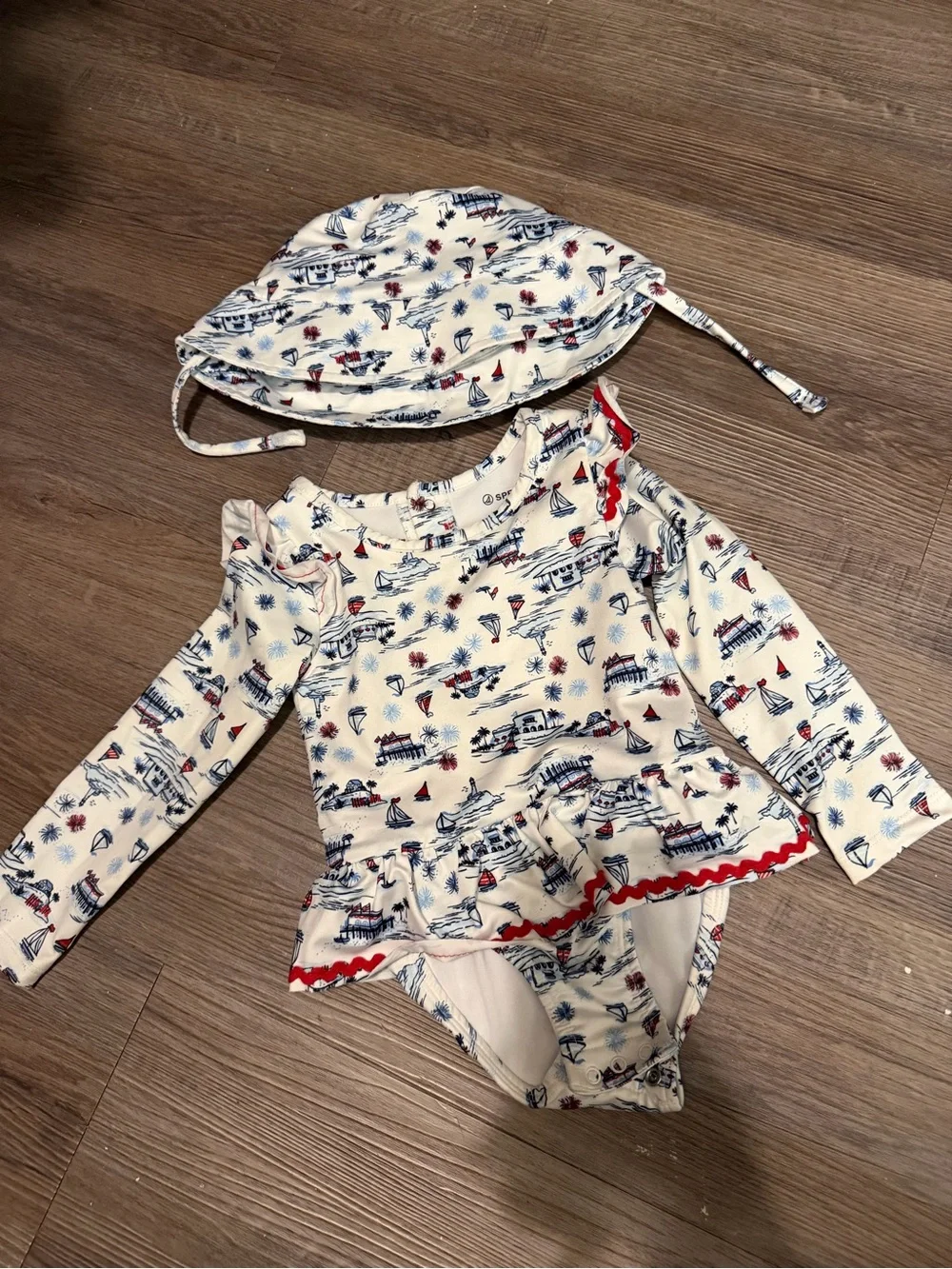 Long-Sleeve Swim Set in Cream with Red & Blue Nautical Print- 18month- nwot